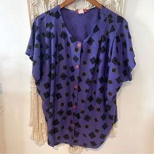Vintage Purple Button-Up Top Bold Geometric Print SZ L - Eclectic Indie Unique